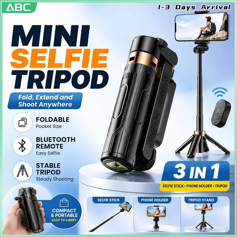 360° Rotating Bluetooth Selfie Stick with Remote Control, Extendable Mini Tripod Phone Grip 3 in 1 Portable